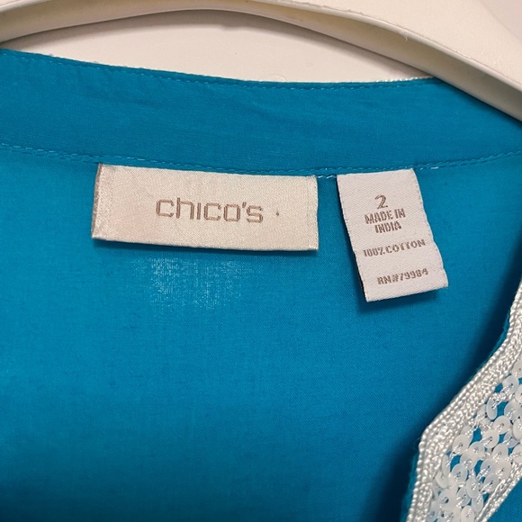 Chicos Tunic Top Embroidered Womens Size 2 Large Sequins Beachy Boho Capri Blue - Picture 9 of 11